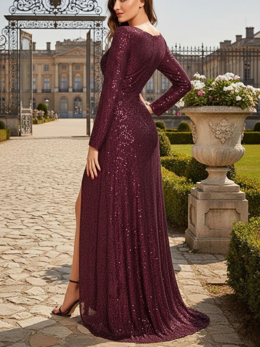 Robe de soirée à manches longues, col en V, à sequins, ourlet asymétrique