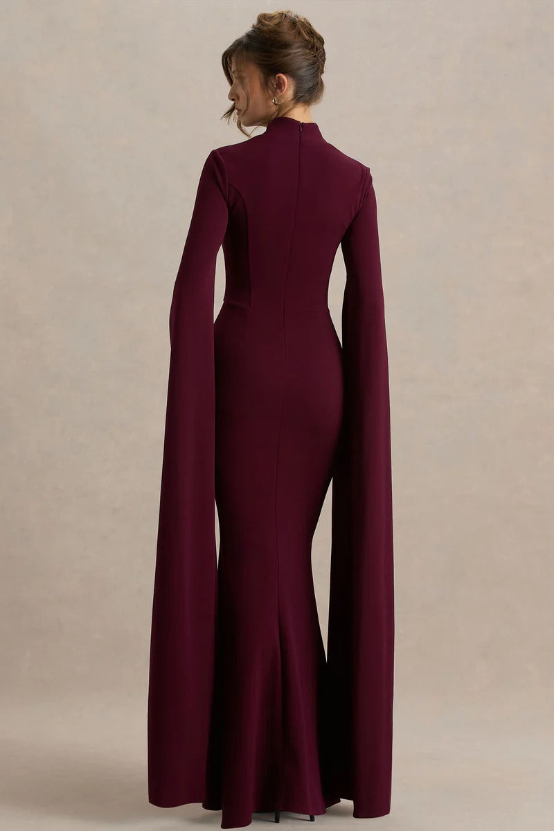 Robe Fourreau Longue à Décolleté Carré et Manches Cape