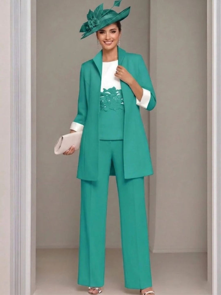 Ensemble 3 pièces pour mère de la mariée, pantalon longueur cheville, col carré, veste et dentelle appliquée