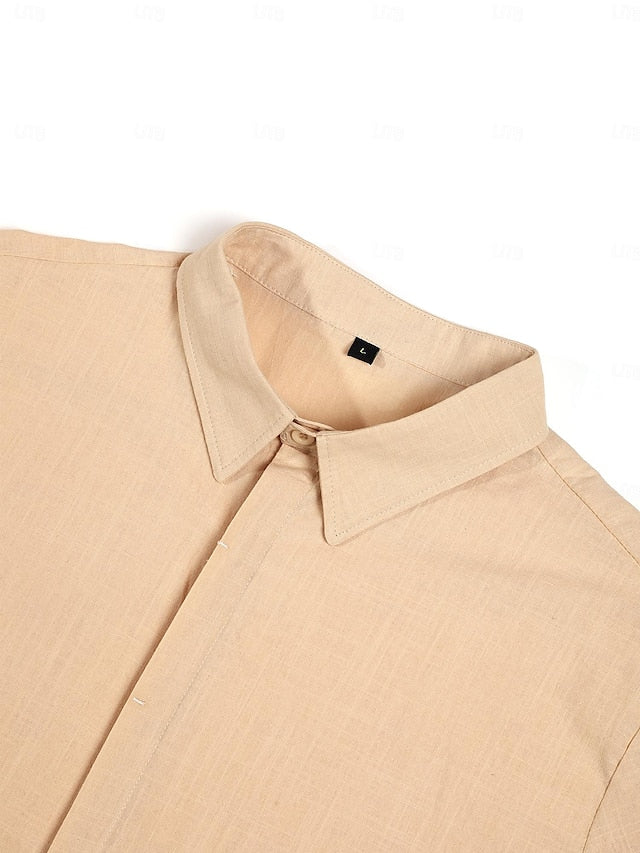 Chemise décontractée en coton et lin à manches courtes de couleur unie pour hommes