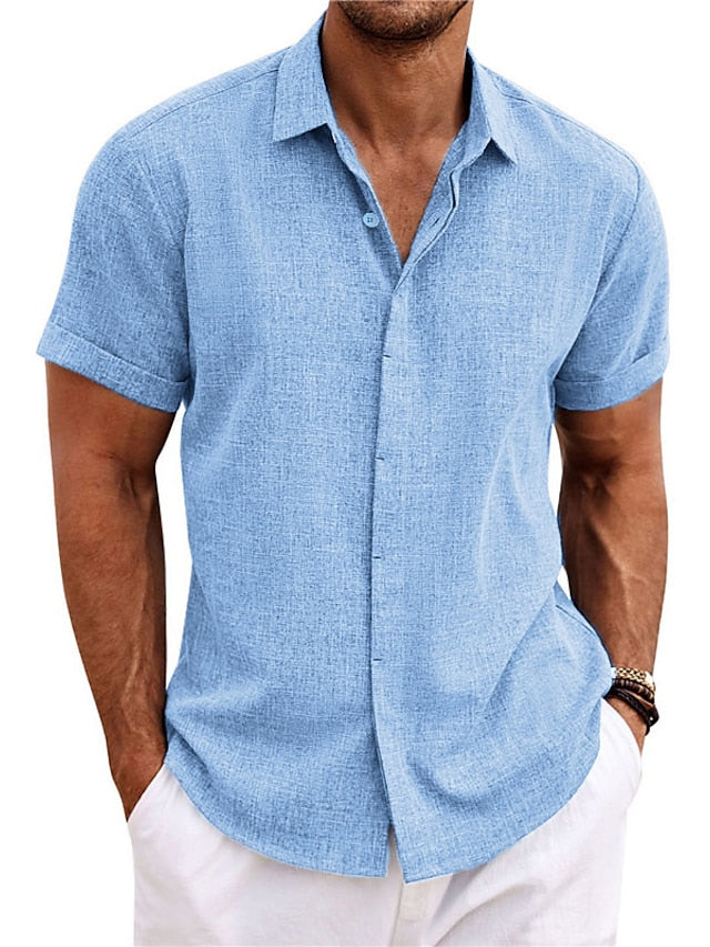 Chemise décontractée en coton et lin à manches courtes de couleur unie pour hommes