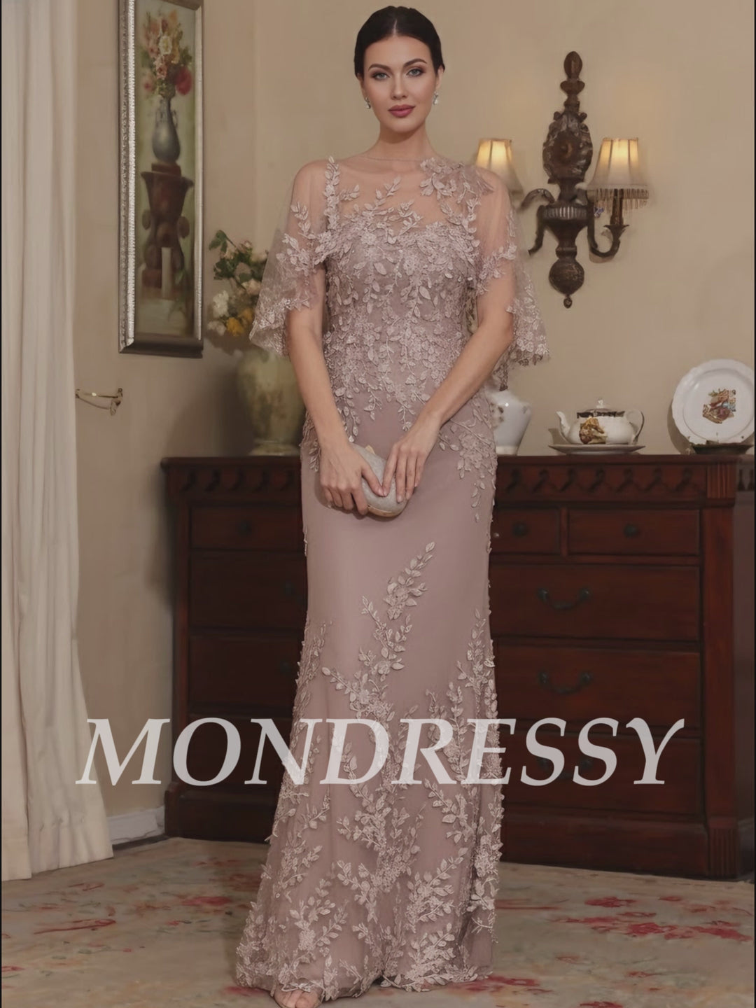 Deux Pièces Gaine/Colonne Scoop Dentelle Robes Mère de La Mariée avec Cape Perles Manches Courtes