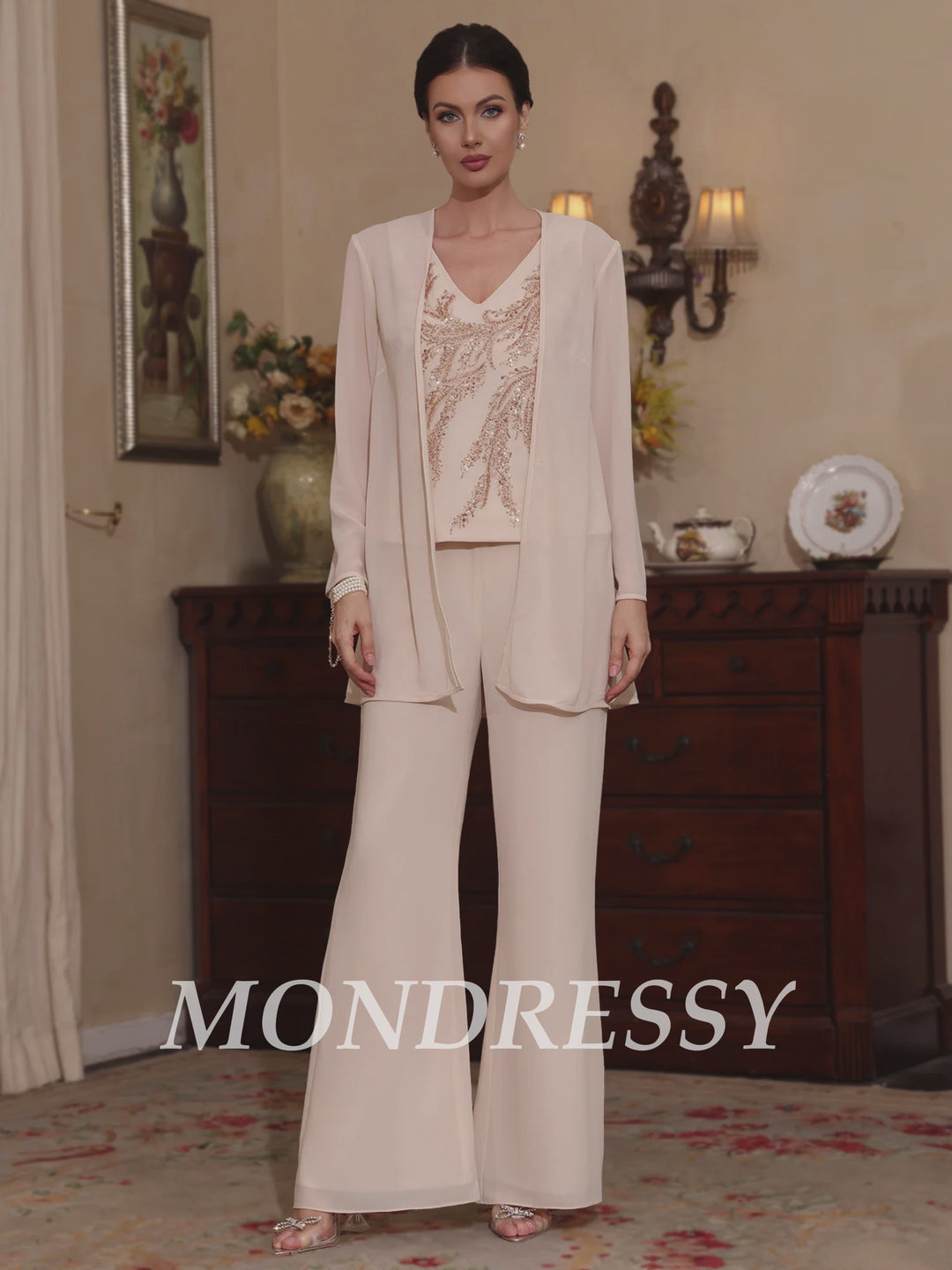 Trois Pièces Chiffon Col en V Ligne A/Princesse Robes Mère de La Mariée avec Veste Paillettes