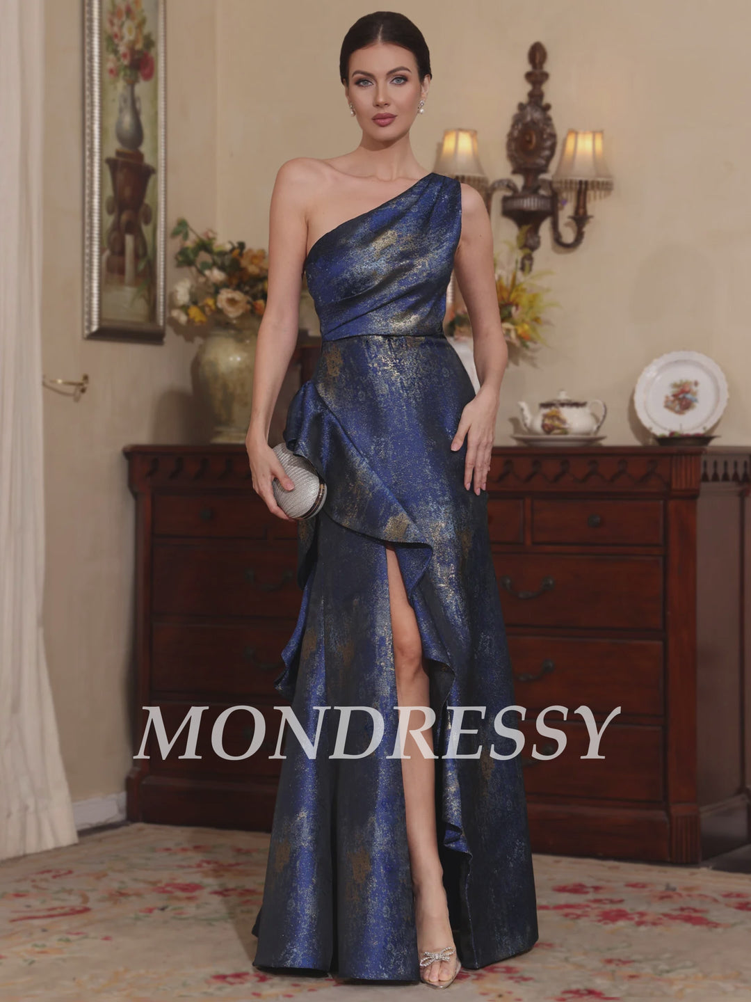 Trompette/Sirène 	Une Épaule Printed Satin Imprimé Robes Mère de La Mariée avec Fente Latérale