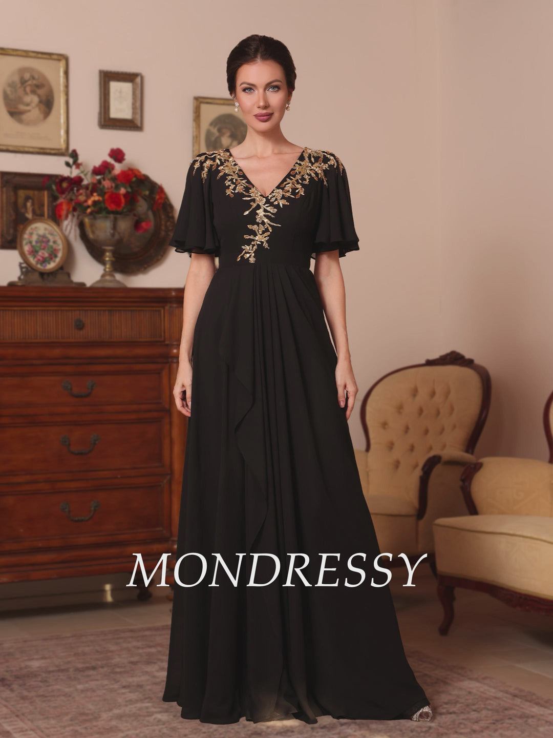 Ligne A/Princesse Col en V Mousseline Robes Mère de La Mariée  Appliques Longueur du Sol  Manches Courtes