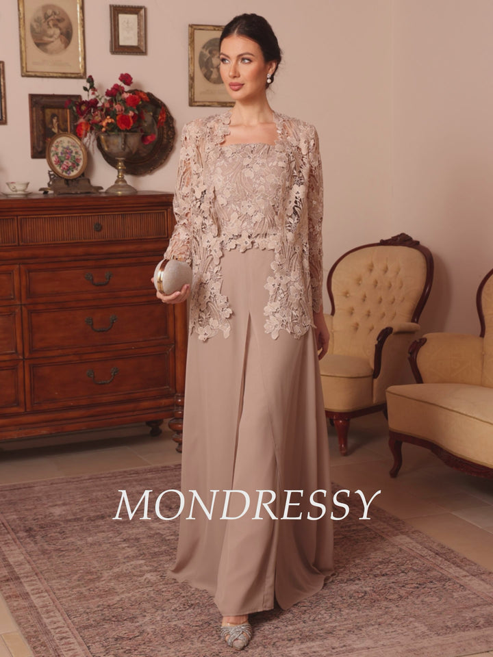 3 Pièces Col Carré Mousseline Mère de la Mariée Costume Pantalon avec Veste Jupe Supérieure  Dentelle Longueur du Sol  Manches Longues