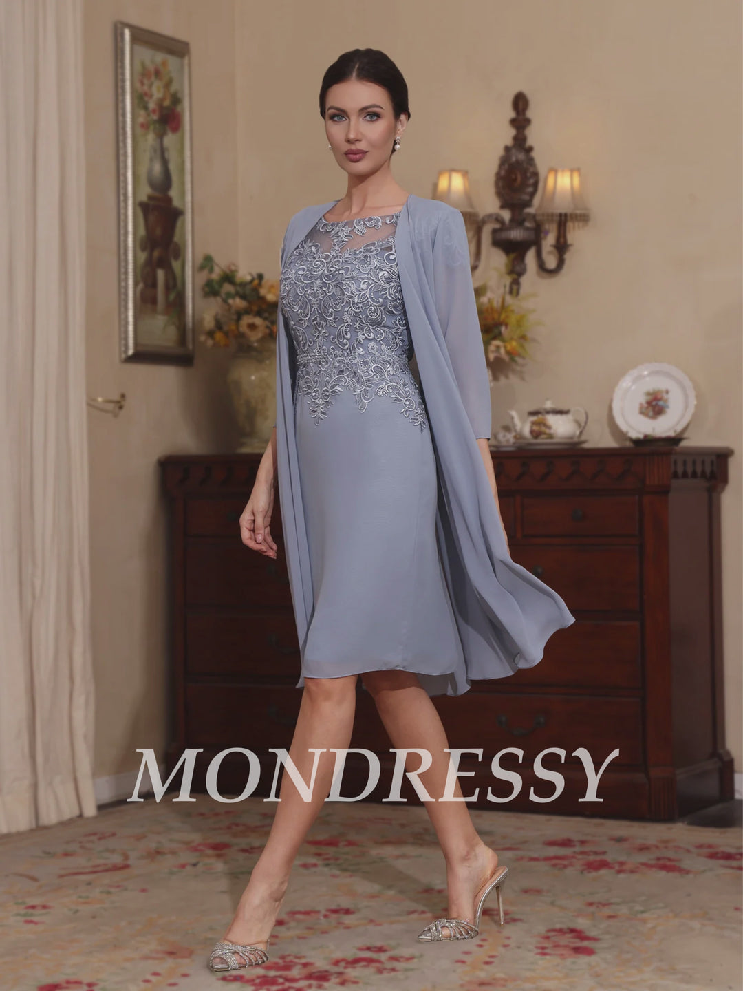 2 Pièces Gaine/Colonne Scoop Mousseline Robes Mère de La Mariée avec Veste Dentelle  Longueur Genou  3/4 Manches