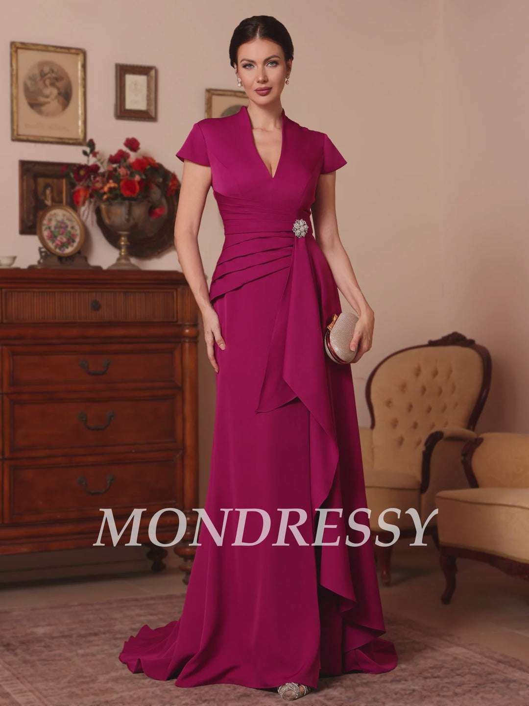 Trompette/Sirène Col en V Satin Extensible Robes Mère de La Mariée Manches Courtes Longueur du Sol Froufrous