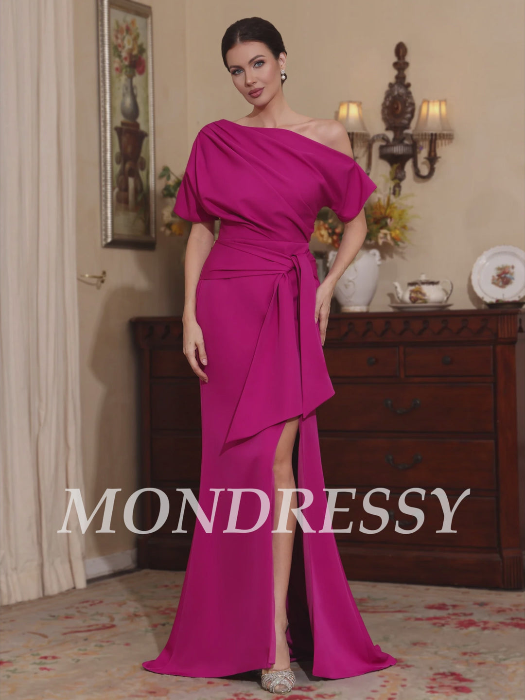 Trompette/Sirène Une Épaule Satin Extensible Robes Mère de La Mariée Longueur du Sol Fente Latérale