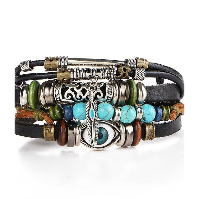 Bracelet Homme Cuir Turquoise Classique Rétro Feuille Punk Classique Rock Bracelets en cuir Bijoux pour Cadeau Quotidien Plage