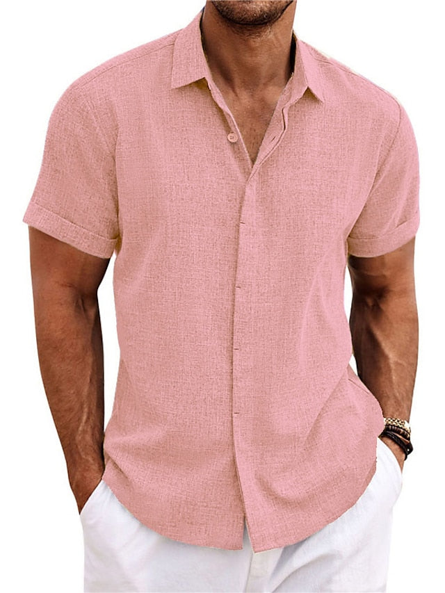 Chemise décontractée en coton et lin à manches courtes de couleur unie pour hommes