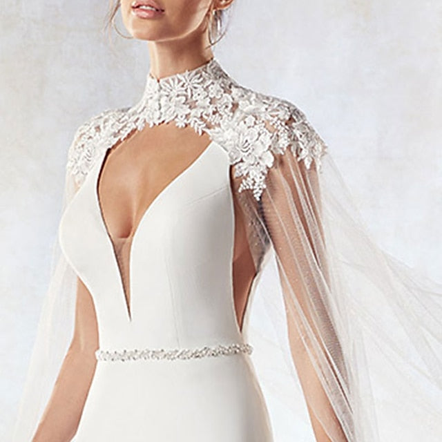 Wrap pour femme élégant et luxueux à manches courtes en tulle pour mariage avec appliques