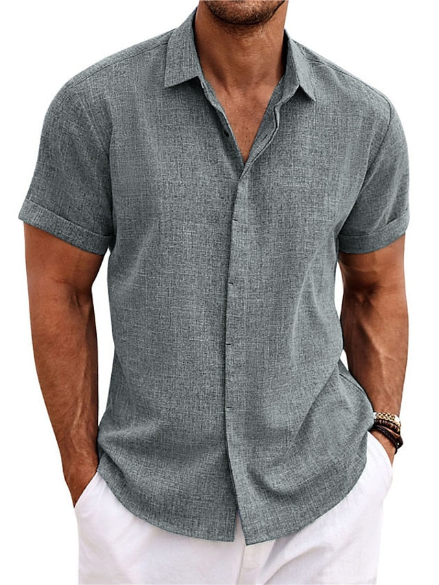 Chemise décontractée en coton et lin à manches courtes de couleur unie pour hommes